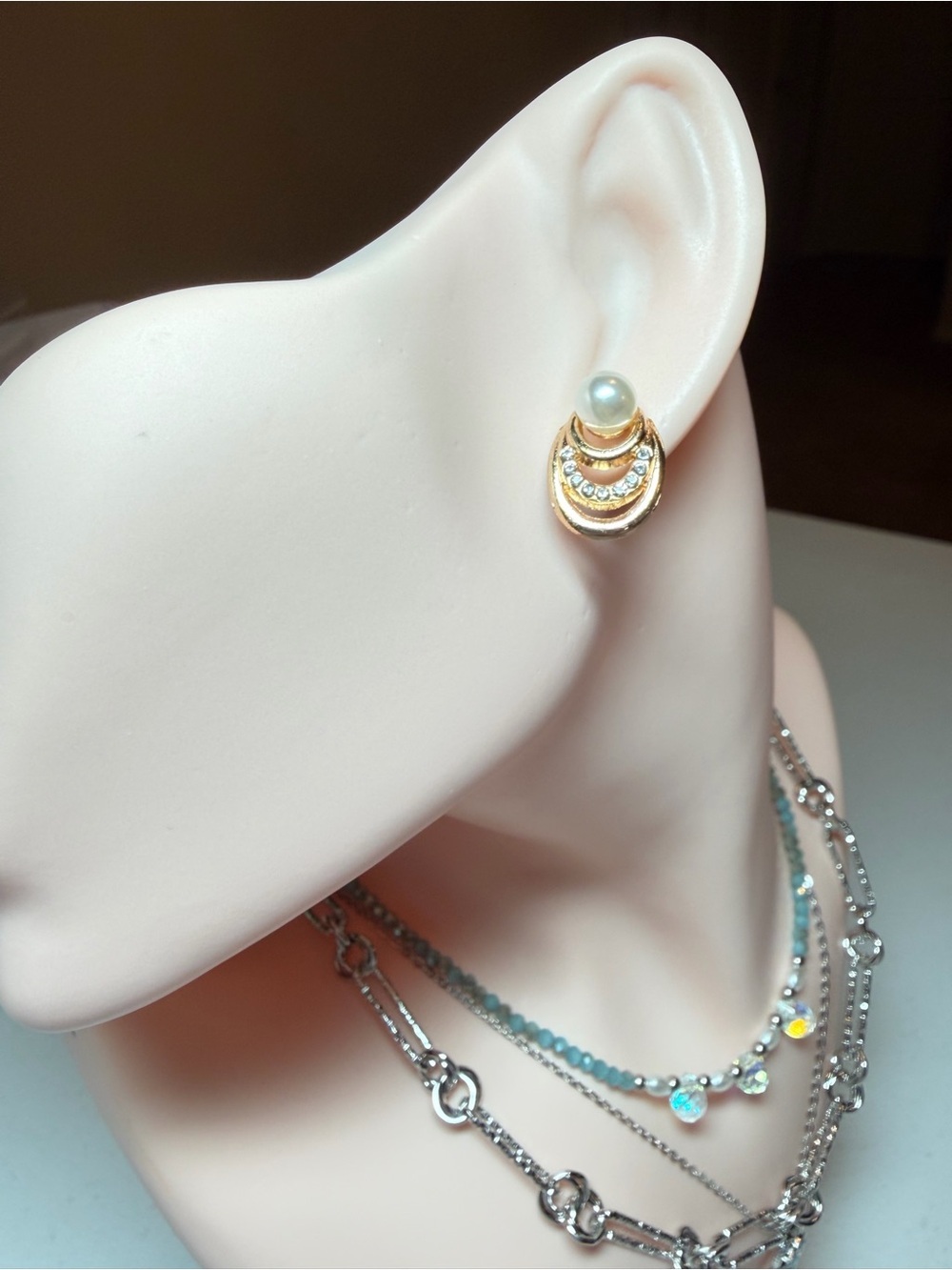 Gold Pearl & Crystal Drop Stud Earrings. - Picture 3 of 8